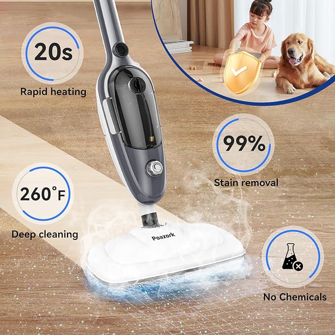 Steam Mop - All-in-one Powerful Handheld Steam Cleaner Detachable Handheld Steam Cleaner for Home, Multipurpose Steamer for Hardwood Floors, Clothes,Windows,Tiles,Carpet, Whole Home Use(Gray)