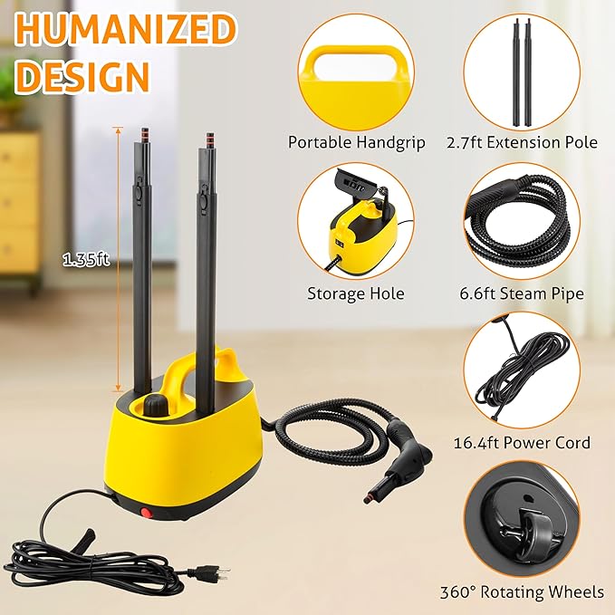 WICHEMI Steam Cleaner with Extension Pole, 51 oz, Steam Cleaner for Home, Adjustable Steam Pressure, 26 Accessories, Handheld Steam Cleaner for Walls, Gaps, Hard Floors, and Tiles