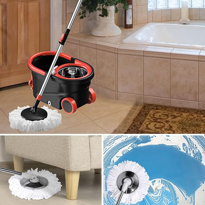 Spin Mop and Bucket with Wringer Set, 360° Rotating Head Mop Bucket System with 3 Microfiber Mop Refills Wet and Dry Suitable for Office and Home Use, Green (Black-Plus)