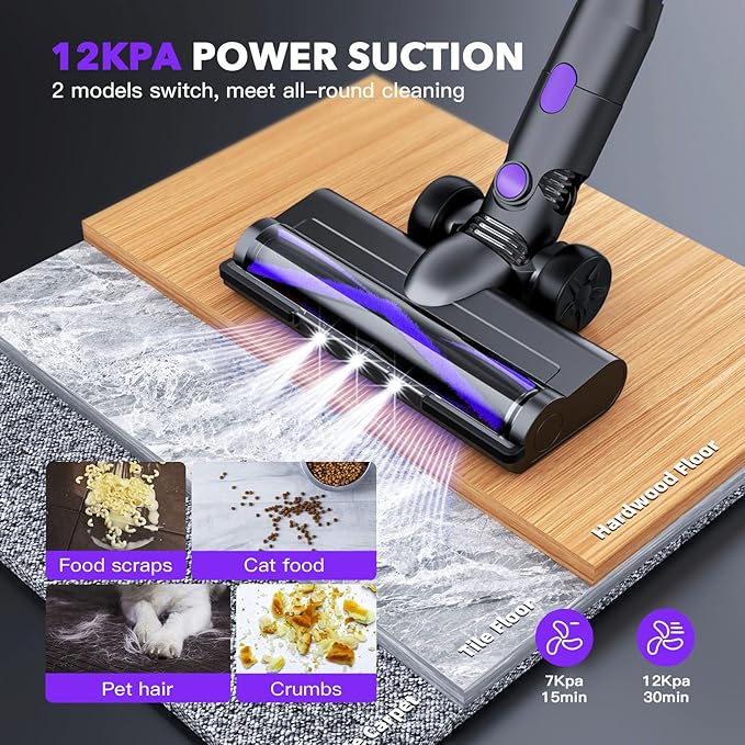 WLOTPO Cordless Vacuum Cleaner for Home,Lightweight Stick Vacuum Cordless Rechargeable with Power Suction, Up to 35 Mins Runtime, Hardwood Floor Vacuum for Pet Hair,Carpets,Tile(Purple Blue)