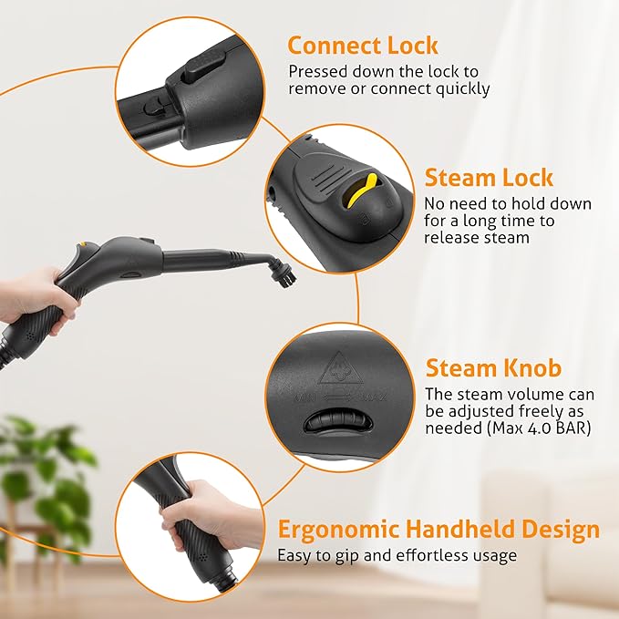 WICHEMI Steam Cleaner with Extension Pole, 51 oz, Steam Cleaner for Home, Adjustable Steam Pressure, 26 Accessories, Handheld Steam Cleaner for Walls, Gaps, Hard Floors, and Tiles