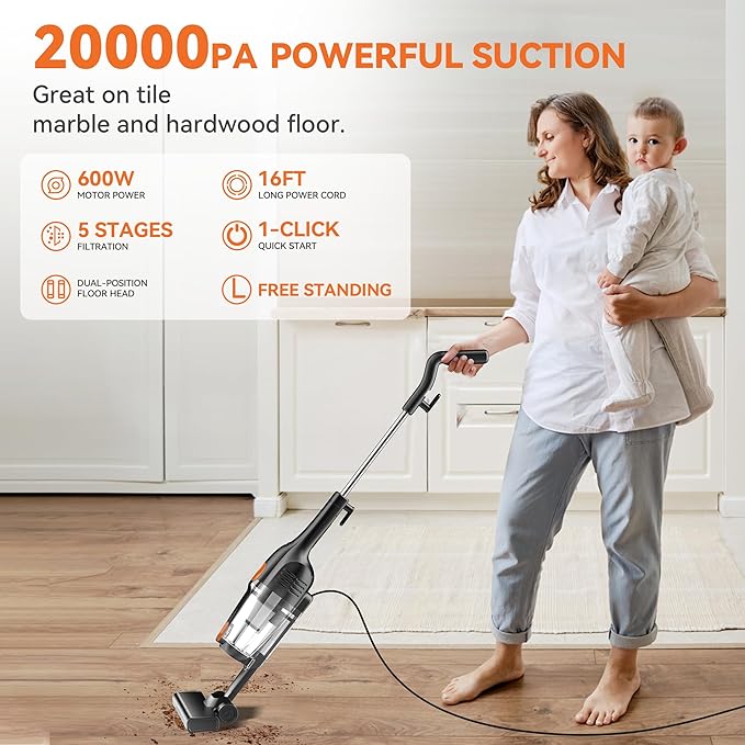 Vazone R6X Corded Stick Vacuum Cleaners for Home, 20Kpa Powerful Suction Stick Vacuum with 16Ft Cord, 2 in 1 Lightweight Handheld Vacuum Cleaner for Hardwood Floor Pet Hair