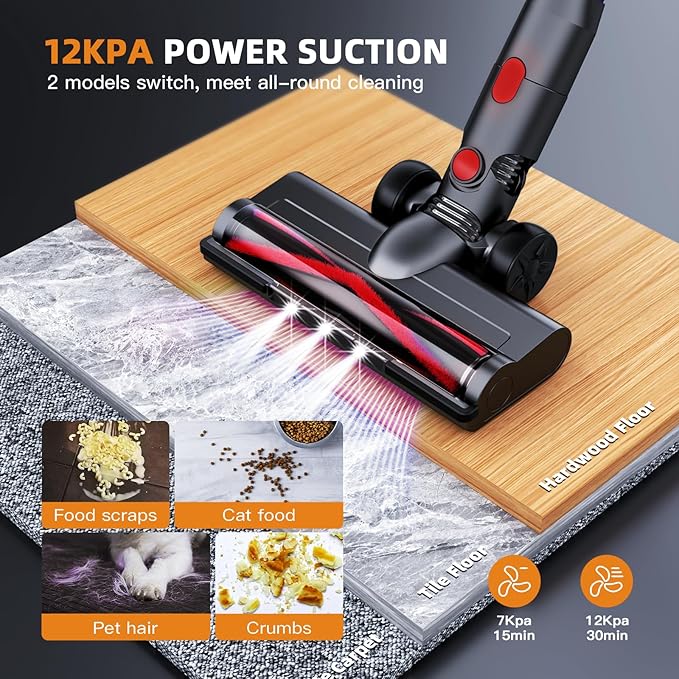 WLOTPO Cordless Vacuum Cleaner for Home,Lightweight Stick Vacuum Cordless Rechargeable with Power Suction, Up to 35 Mins Runtime, Hardwood Floor Vacuum for Pet Hair,Carpets,Tile(Rose Red)
