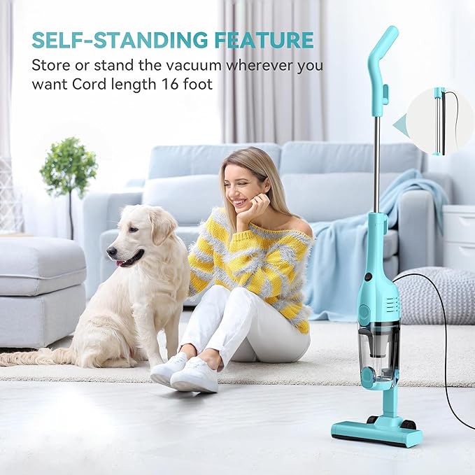 Vazone R6X Corded Stick Vacuum Cleaners for Home, 20Kpa Powerful Suction Stick Vacuum with 16Ft Cord, 2 in 1 Lightweight Vacuum Cleaner for Hardwood Floor Pet Hair (Green)