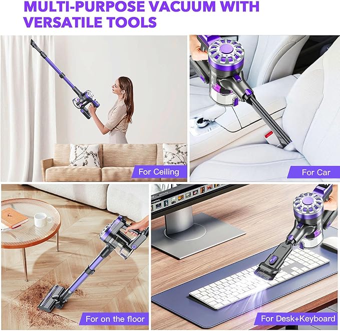 WLOTPO Cordless Vacuum Cleaner for Home,Lightweight Stick Vacuum Cordless Rechargeable with Power Suction, Up to 35 Mins Runtime, Hardwood Floor Vacuum for Pet Hair,Carpets,Tile(Purple Blue)