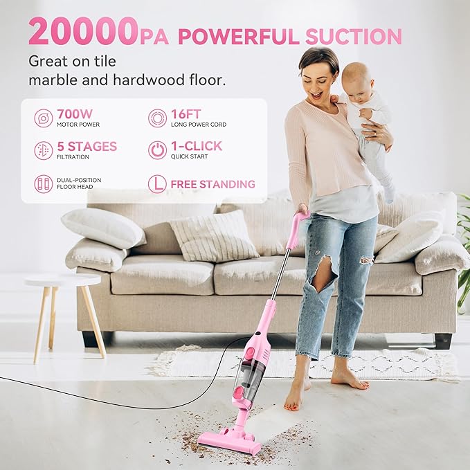 Vazone R6X Corded Stick Vacuum Cleaners for Home, 20Kpa Powerful Suction Stick Vacuum with 16Ft Cord, 2 in 1 Lightweight Handheld Vacuum Cleaner for Hardwood Floor Pet Hair