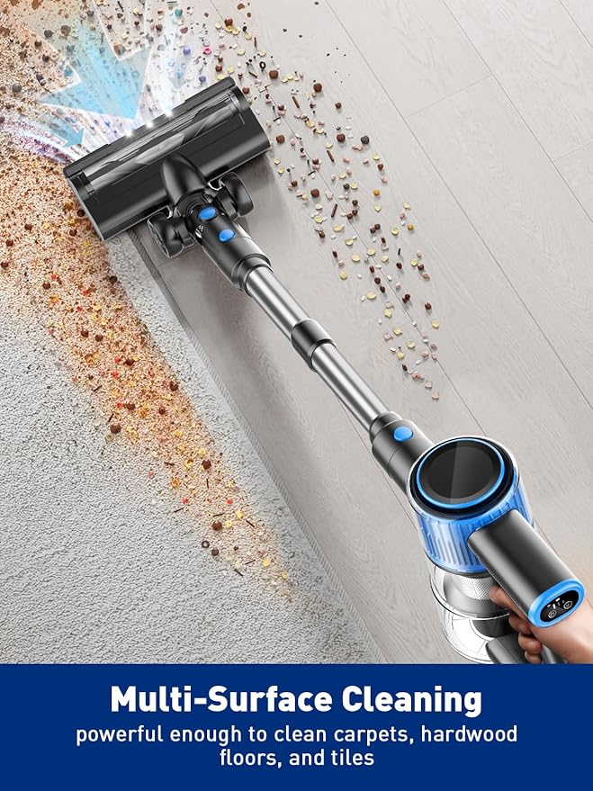 VOKENE Cordless Vacuum Cleaner, 8 in 1 Powerful Suction Lightweight Vacuum Cleaner for Home, LED Display, 3 Suction Modes, 45Mins Detachable Battery Vacuum for Hard Floor Carpet Pet Hair