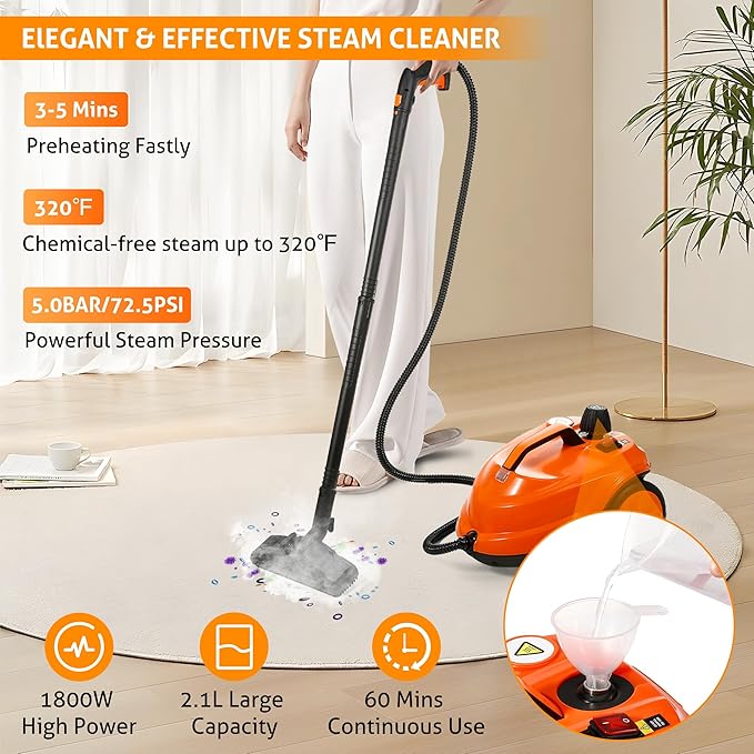 WICHEMI Steam Cleaner with Extension Pole, 71 oz, Steam Cleaner for Home, Adjustable Steam Pressure, 26 Accessories, Handheld Steam Cleaner for Walls, Gaps, Hard Floors, and Tiles