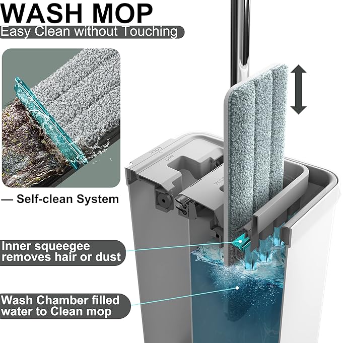 BOSHENG Mop and Bucket with Wringer Set, Flat Floor Mop and Bucket, with 2 Mops and 4 Microfiber Cleaning Cloths for Floor Cleaning, Wet and Dry Use