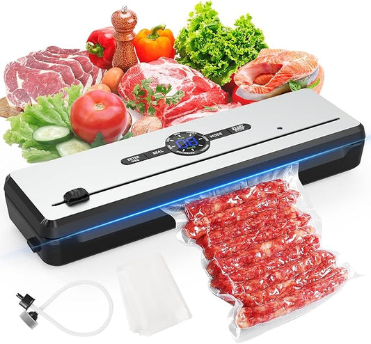 Vacuum Sealer Machine for Food- 10X Longer Food Saver with 7 Modes, Built-in Cutter & External Suction Nozzle - for Meat, Seafood, Fruits - Starter Kit with Bags & Hose