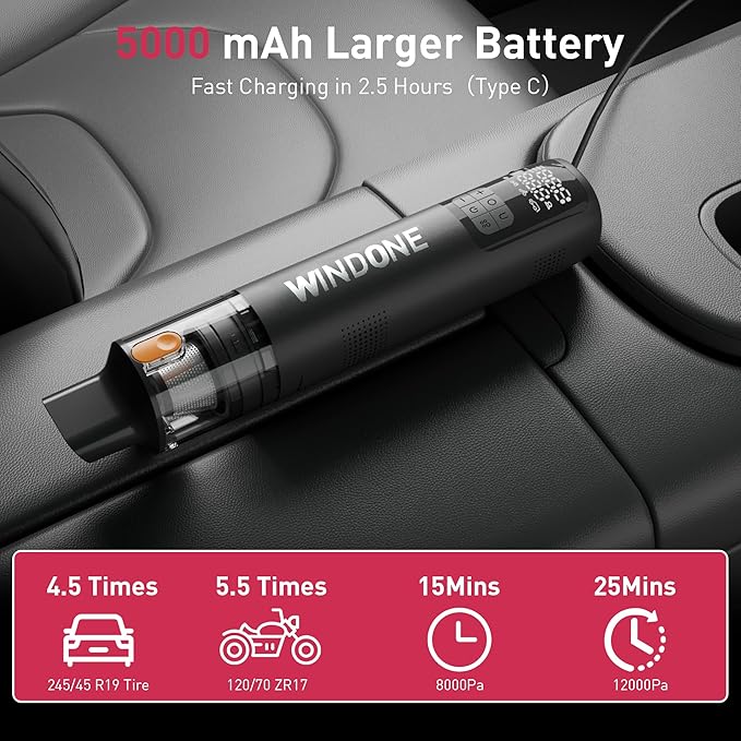 Windone Car Vacuum, 12000Pa 2-in-1 Cleaner & Tire Inflator 150PSI, 60W Brushless Motor, Cordless Handheld Vacuum & Air Pump with Pressure Gauge, LED Light, Multi-Nozzles for Car, Home, Office