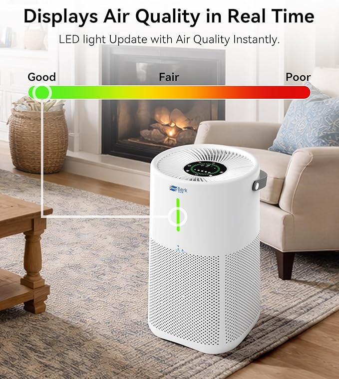 Berk Air Purifiers for Home Living Room,Cover Up to 1550 Ft²,Smart HEPA Air Purifier,PM2.5 Air Quality Display,Portable Air Purifier for Pets Hair, Smoke, Odors,Pollen (D3S-Smart)
