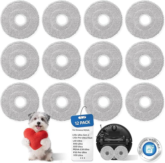 12 Pack Mop Cloth Pads for Dreame L40 Ultra/Mova P10 Pro Ultra/ L10s Ultra Gen 2/ X40 Ultra/X50 Ultra/ E30 Ultra/ P50 Pro Ultra Robot Vacuum, Wet Mopping Pad Reusable Floor Cleaning Accessories
