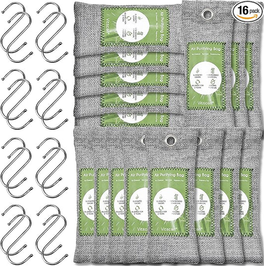 16 Pack Bamboo Charcoal Air Purifying Bag, Activated Charcoal Bags Odor Absorber, Moisture Absorber, Natural Car Air Freshener, Shoe Deodorizer, Odor Eliminators For Home, Pet, Closet (16x50g)